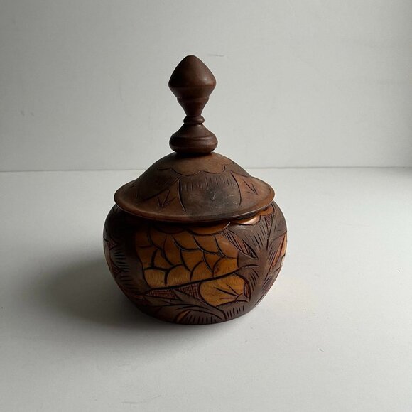 Vintage 1970s Carved Wooden Decorative Container with Lid